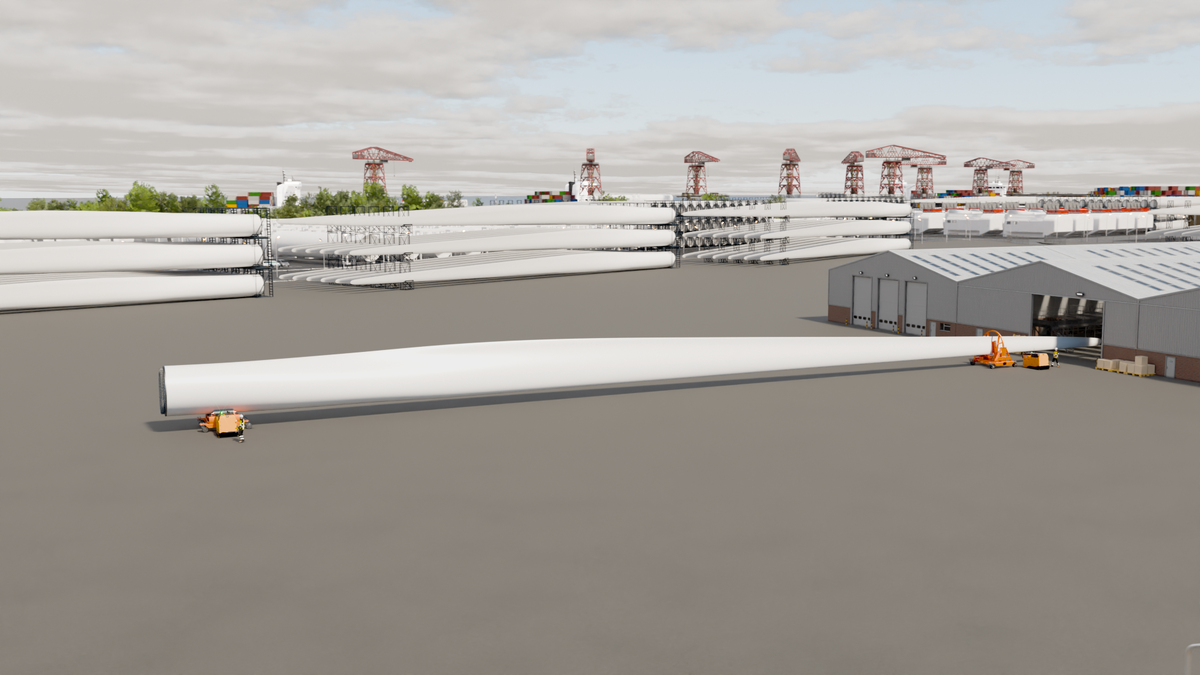 PS7000+ Ultra machines moving a wind turbine blade