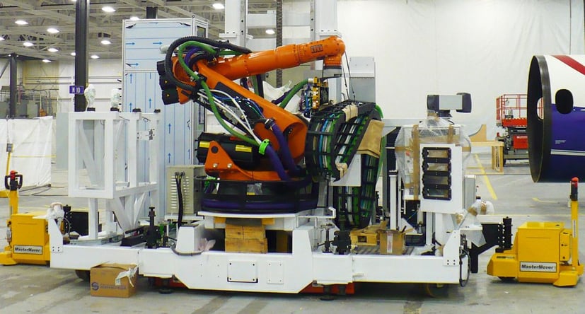 MasterTug moving aeroplane parts during manufacturing for Bombardier