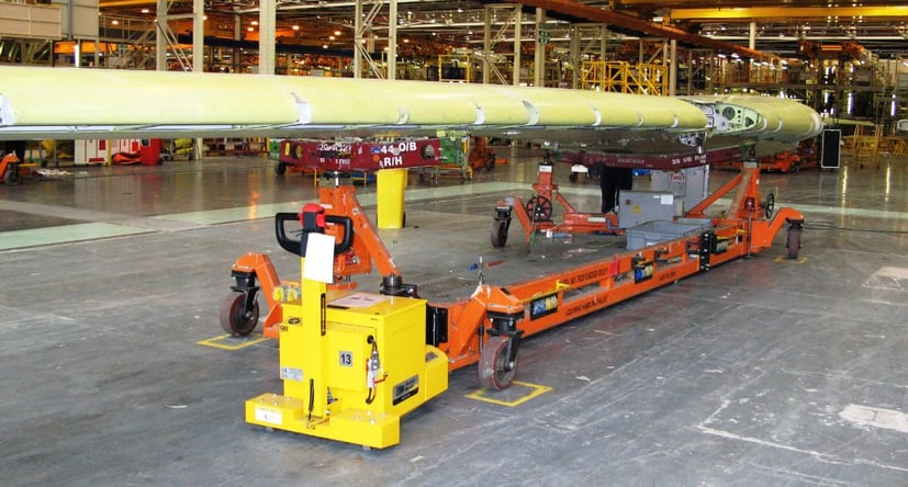 MasterTug moving wing components during manufacturing