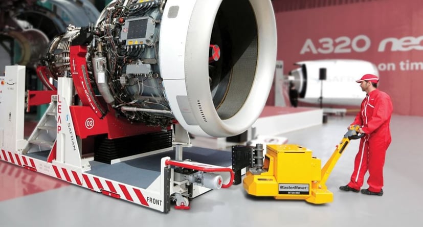 MasterTug electric tug moving an aero engine in MRO